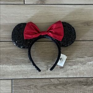 Disney Minnie Ears - Black Sequin Ears with Red Bow Headband